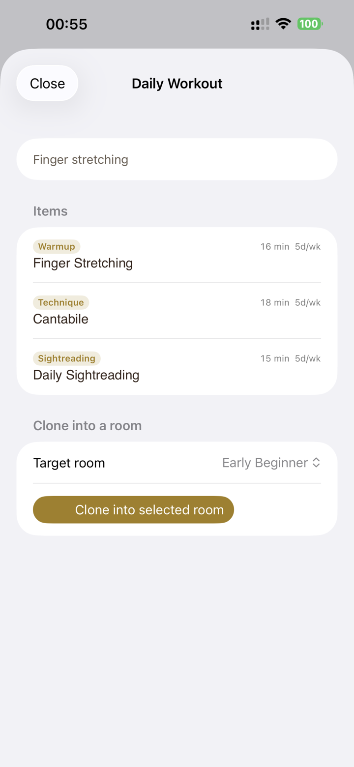 The daily practice agenda on iPhone — an ordered routine of exercises, scores, and assignments for the day.