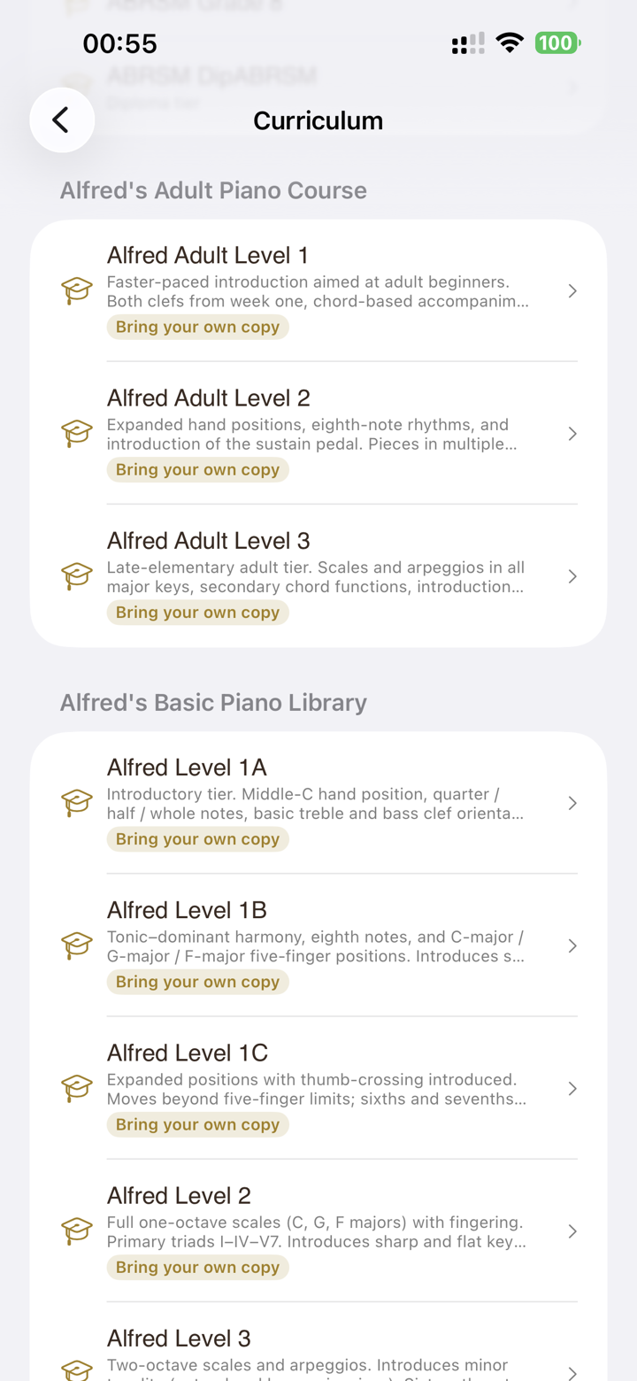 The curriculum browser on iPhone — graded levels with ready-made repertoire, technique, and theory to start a student from.
