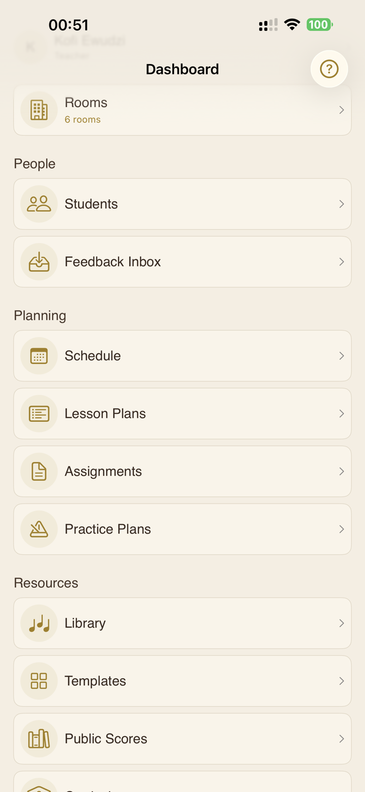 SYNCopated dashboard on iPhone: Rooms, Students, Schedule, Lesson Plans, Assignments, Practice Plans, Library, Templates, and Public Scores in one place.