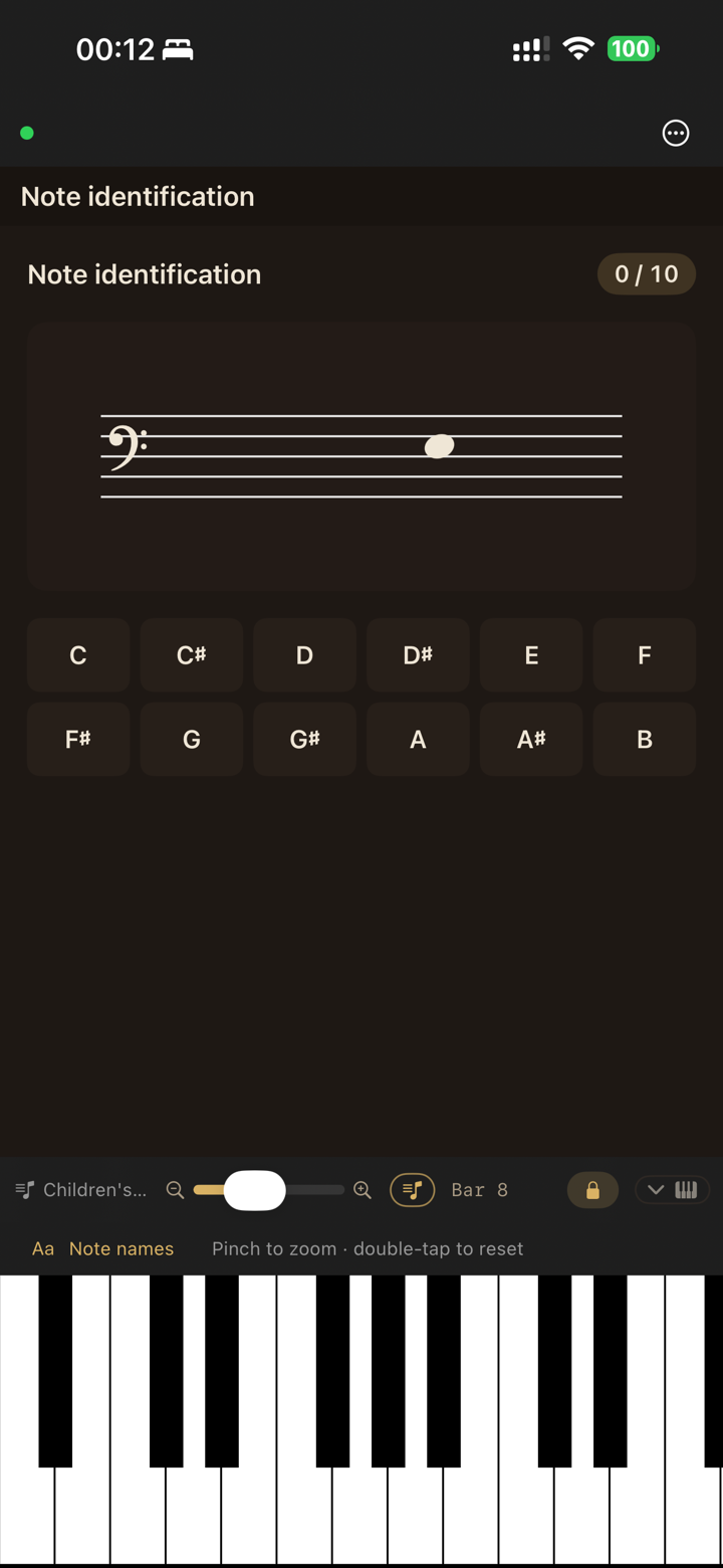 A live Note Identification exercise on iPhone — a note on the staff with answer buttons, graded as the student plays.