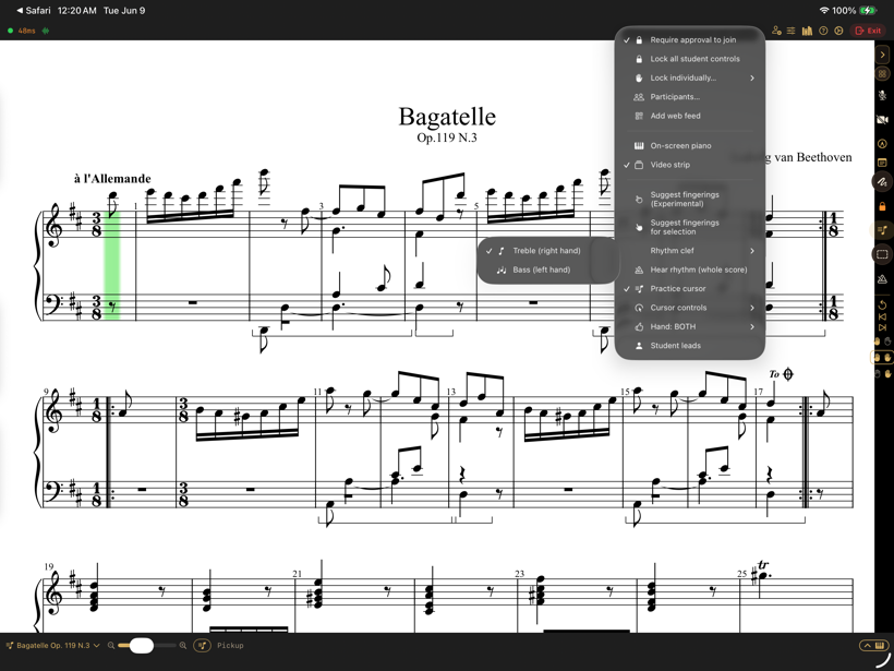 Practice-cursor controls: leading hand and clef, with the cursor on the score.