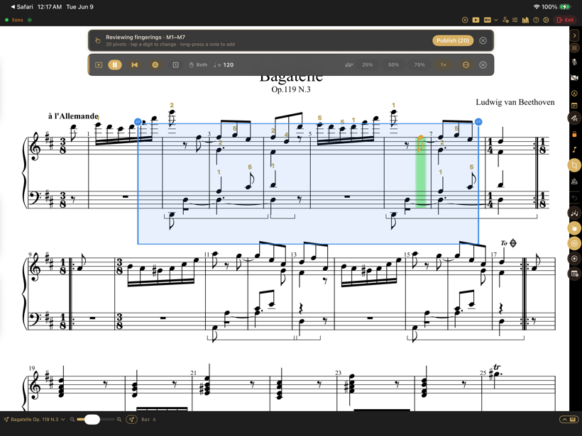 Suggested fingerings shown on the score for review before publishing to the student.
