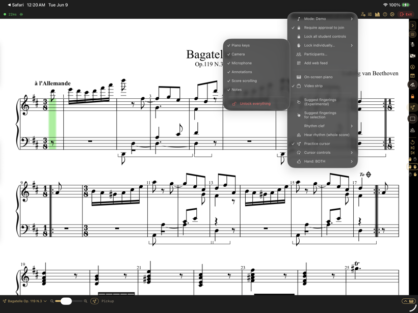 Lock individual student controls: piano keys, camera, mic, annotations, scrolling, notes.