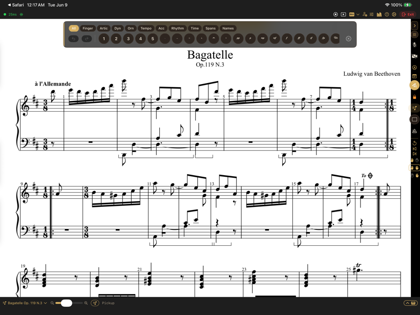 The notation markup palette on the score: fingerings, articulations, dynamics, slurs, and pedal.
