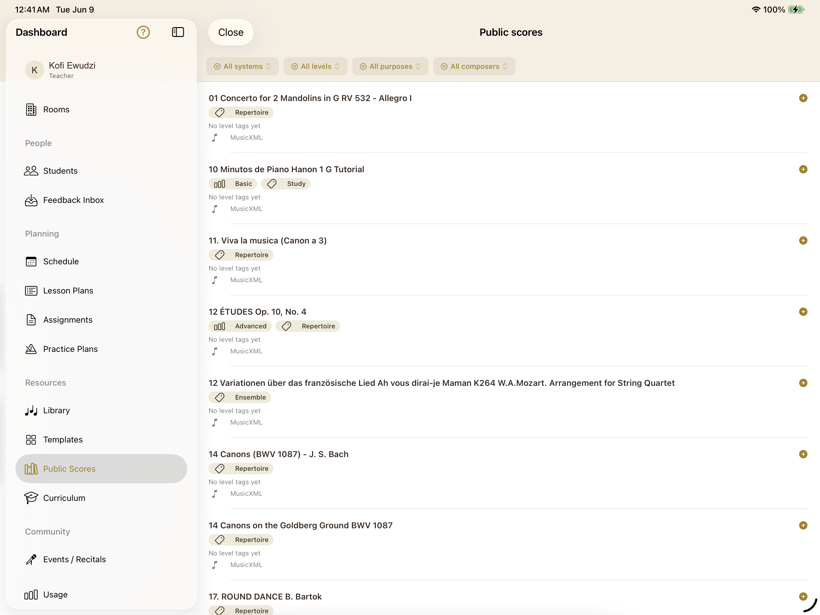 The Public Scores browser in SYNCopated: filter by system, level, purpose, or composer, over tagged public-domain works including Bach's Goldberg canons, Études Op. 10, and Hanon.