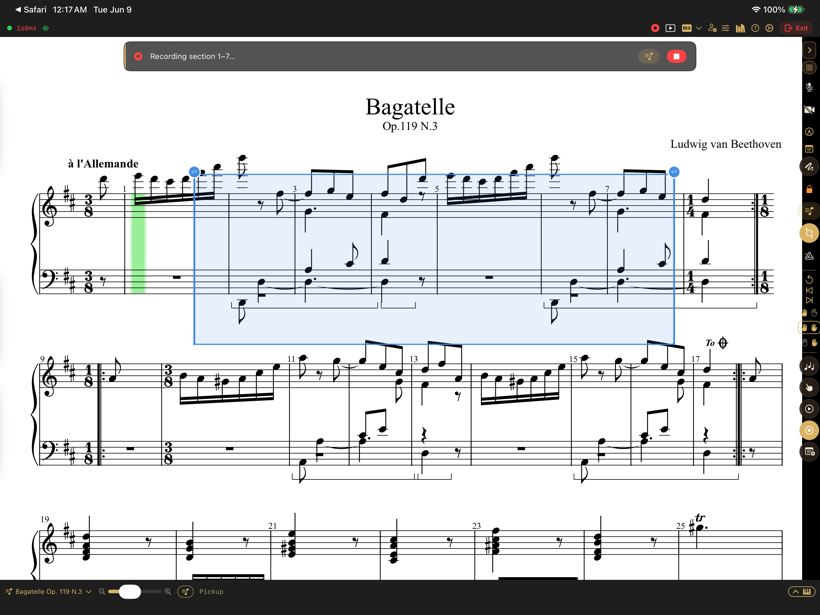 Recording a section of the score as a short MIDI take for the student to replay.