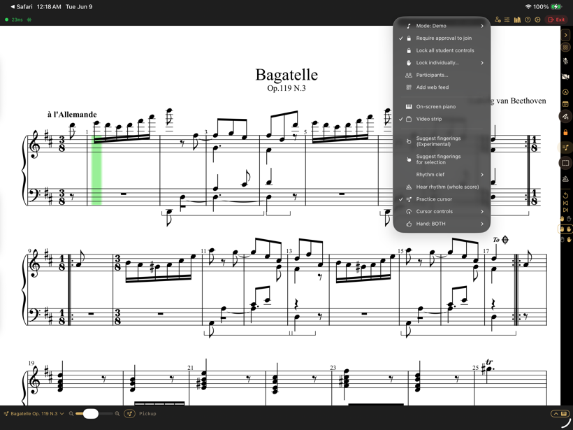 The session-mode menu: demonstration, instruction, feedback, and the teacher control list.