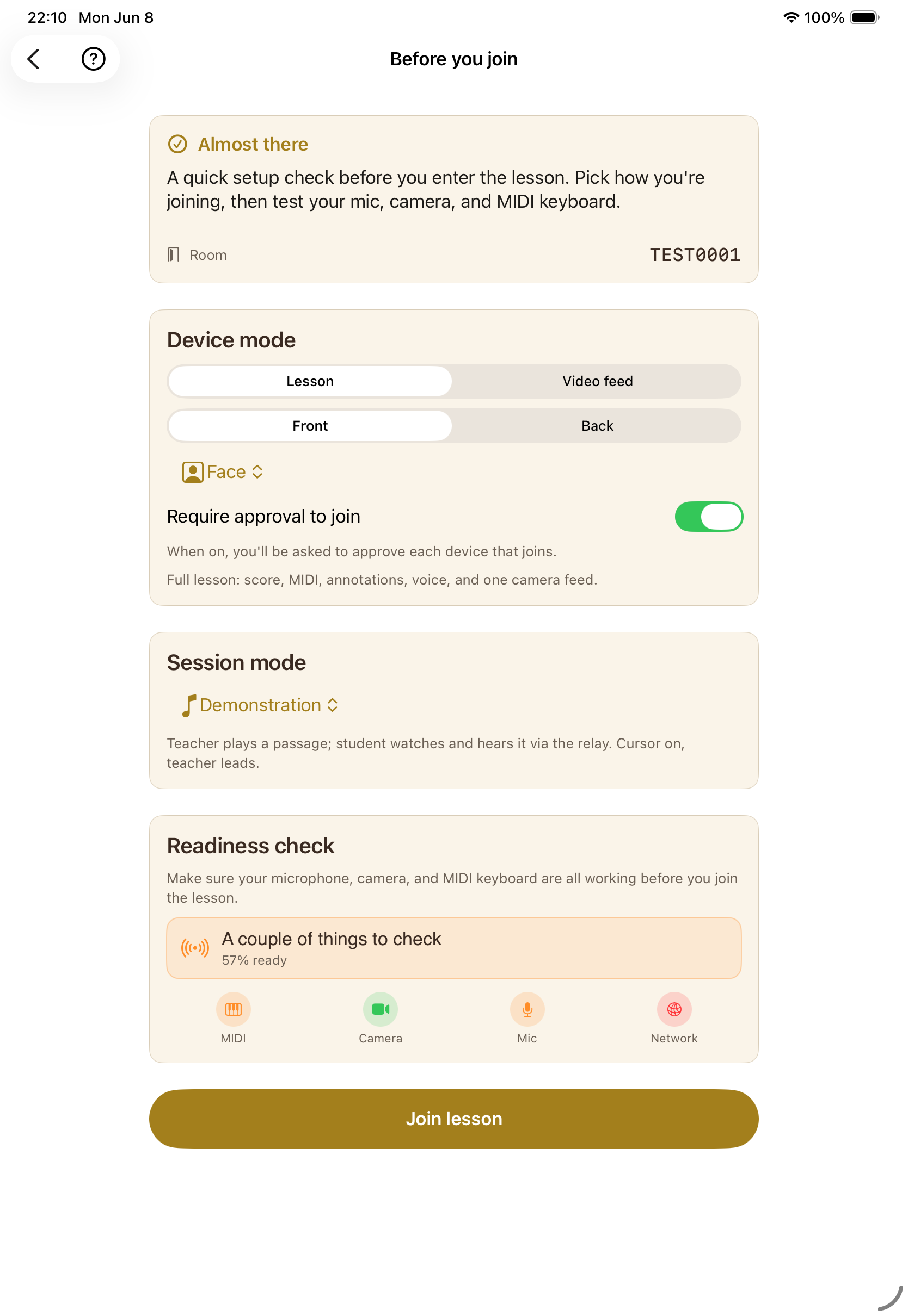 Before-you-join screen: device mode (Lesson or Video feed, front or back camera), Require approval to join, a Session mode set to Demonstration, and a readiness check for MIDI, camera, mic, and network.