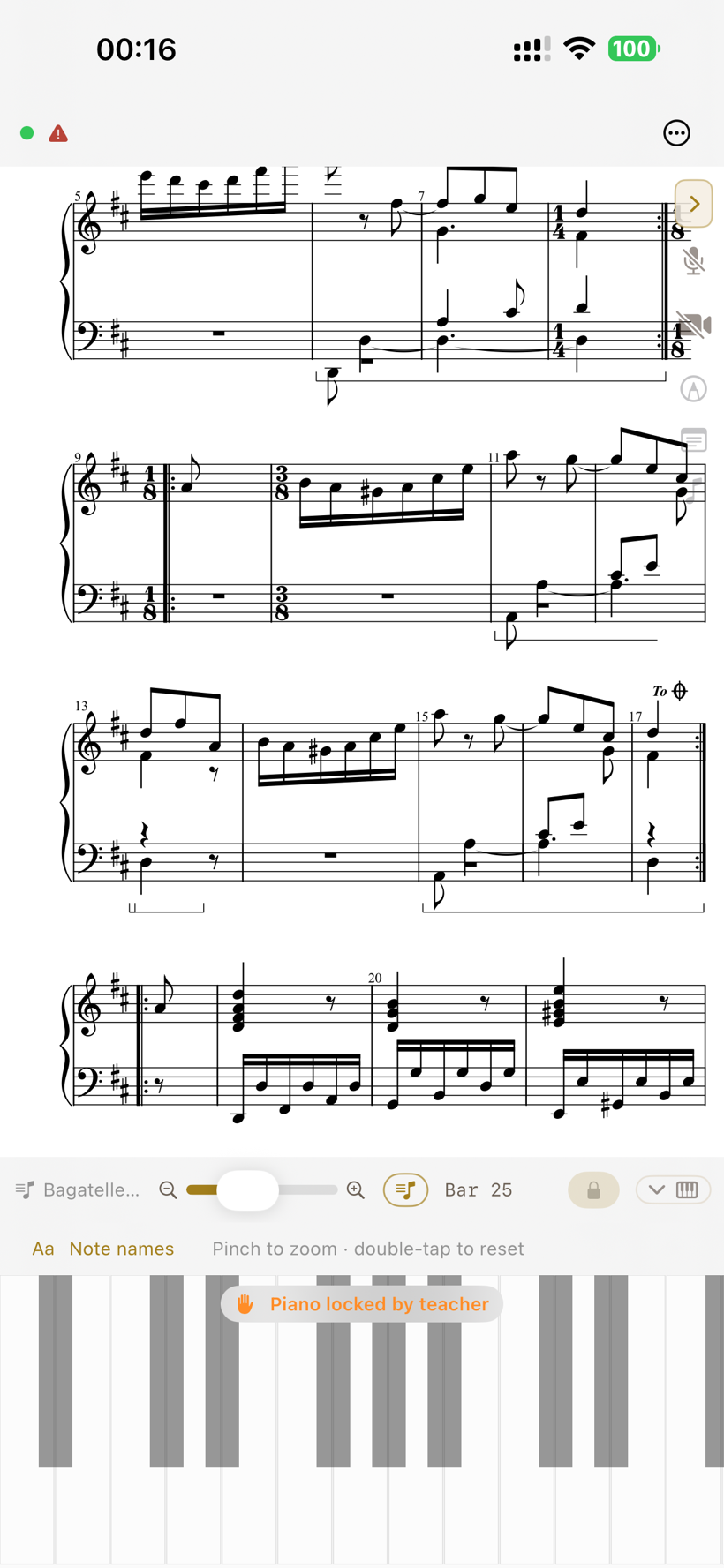 The student's iPhone during the same lesson: the same Bagatelle score, with the on-screen piano showing “Piano locked by teacher.”