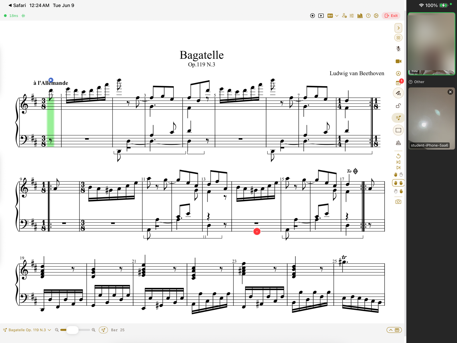 The teacher's iPad during a live lesson: Beethoven's Bagatelle with the cursor and a red annotation, the tool rail, and a video strip on the right (the teacher's camera tile blurred for privacy, the student's tile below).