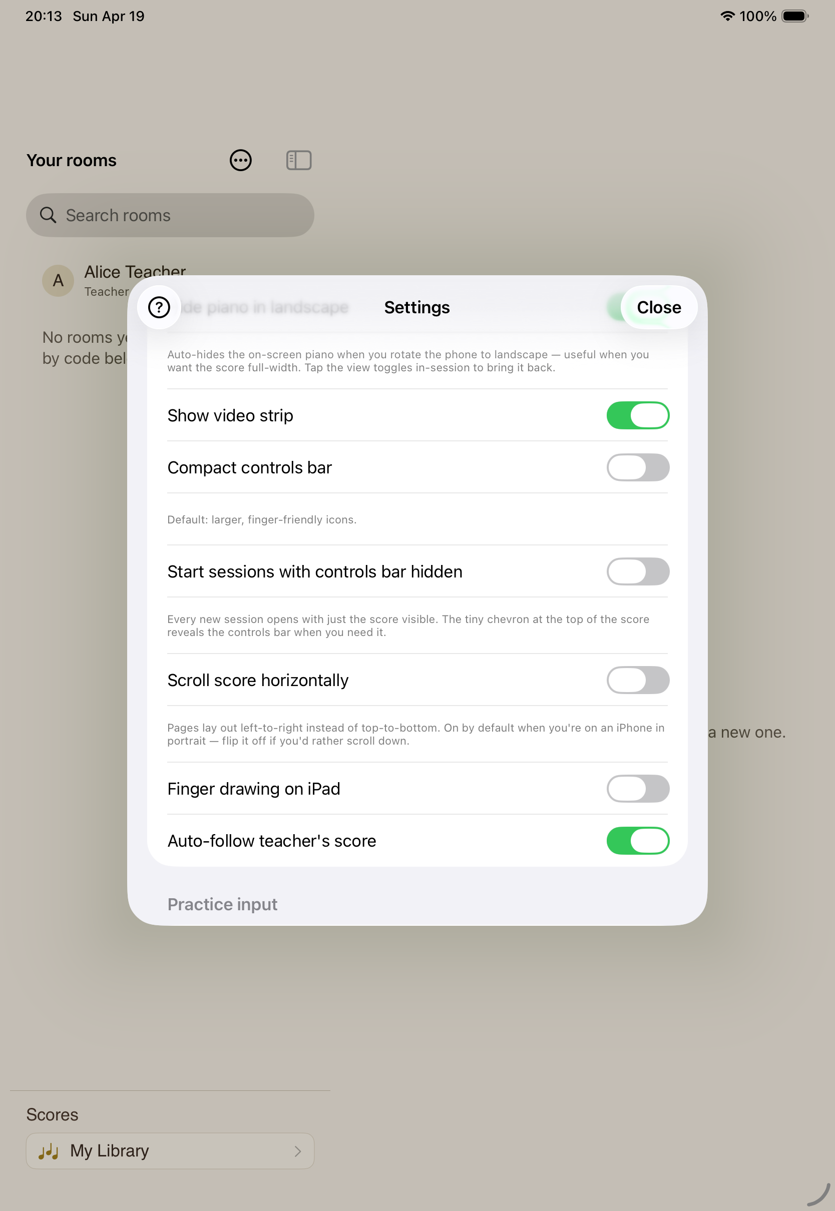 Settings for practice input and score behaviour, including microphone pitch detection.